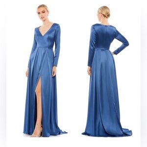 IEENA Mac Duggal Satin Evening Gown Sz 6 Blue Long Sleeve Formal Maxi Dress NWT